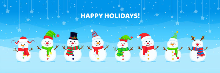 Set of Christmas vector cute snowmen in different hats and scarves. New year illustration.