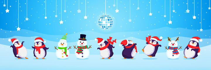 Banner made with set of Christmas hand drawn cute dancing penguins.