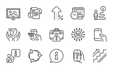 Business icons set. Included icon as Hold smartphone, Education, 5g technology signs. Coffee, Help app, Increasing percent symbols. Puzzle time, Recycle, Bureaucracy. Stairs line icons. Vector