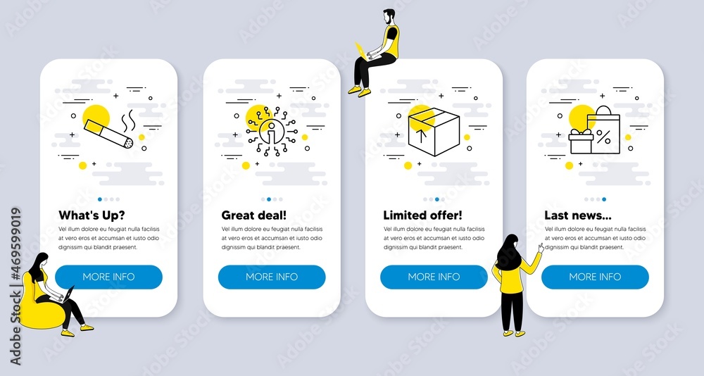 Poster vector set of line icons related to package, smoking and info icons. ui phone app screens with peopl