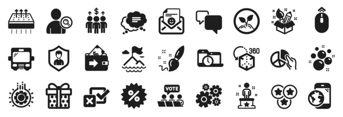 Set of Business icons, such as Cogwheel, Find user, Text message icons. Gear, Clean bubbles, Checkbox signs. Speech bubble, Security agency, Meeting. Discount, Gift box, Online voting. Bus. Vector