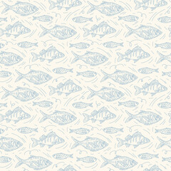The pattern is made by river and sea fish. Seafood doodle for textiles. Cute set of linear fish in the form of a background. Vector illustration