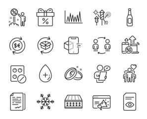 Vector set of View document, Medical tablet and Workflow line icons set. Flexible mattress, Fireworks rocket and Return parcel icons. Discount, Document signature and Friendship signs. Vector