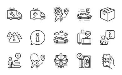 Transportation icons set. Included icon as Parking payment, Car travel, Flight sale signs. Car service, Ferris wheel, Parcel symbols. Flight mode, Warning, Airplane. Baggage reclaim. Vector