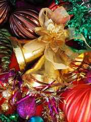 Christmas background with Christmas decorations, holiday balls, bells, bows, fir cone, Christmas...