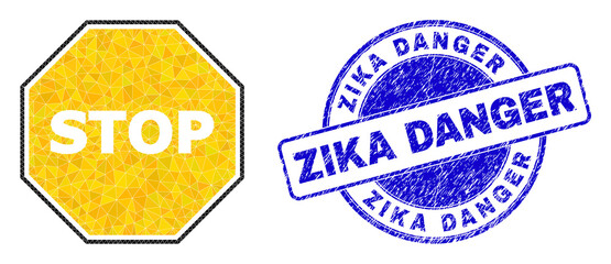 Obraz premium Low-Poly triangulated octagon warning stop icon illustration with Zika Danger textured seal imitation. Blue stamp seal includes Zika Danger title inside round it.