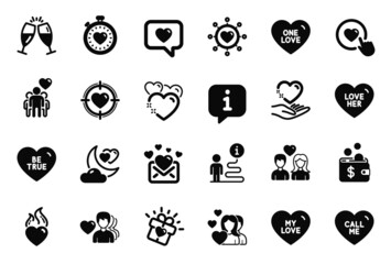 Vector Set of Love icons related to My love, Heart and Be true icons. Love gift, Call me and Valentine target signs. Like button, Hold heart and Couple. Heartbeat timer, Champagne glasses. Vector