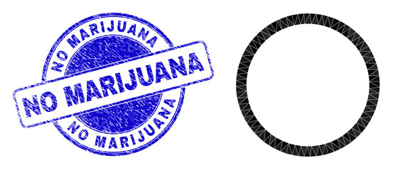 Low-Poly triangulated contour circle icon illustration with NO MARIJUANA unclean seal. Blue seal contains No Marijuana tag inside circle it. Contour circle icon is filled with triangle mosaic.