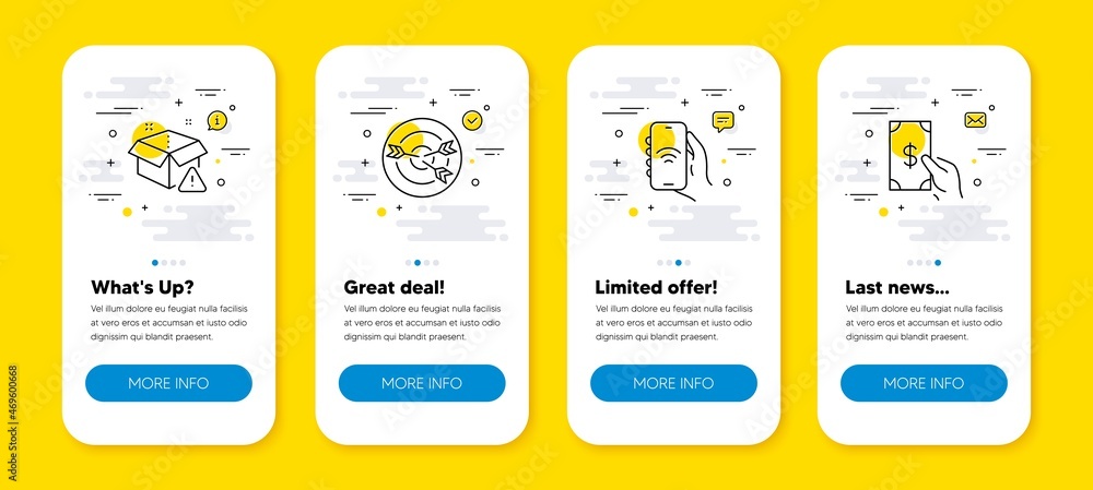Aufkleber vector set of delivery warning, targeting and internet app line icons set. ui phone app screens with
