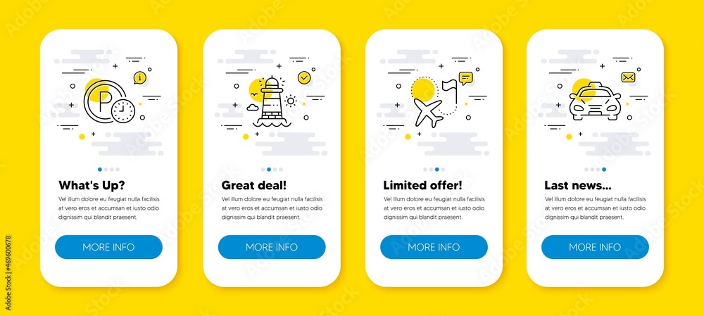 Poster vector set of parking time, destination flag and lighthouse line icons set. ui phone app screens wit