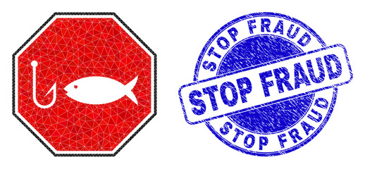 Low-Poly triangulated stop fishing octagon icon illustration, and STOP FRAUD rubber stamp seal. Blue stamp seal includes Stop Fraud text inside round shape.