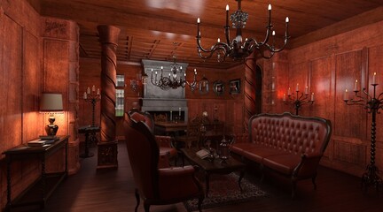 Gothic living room style interior 3d illustration