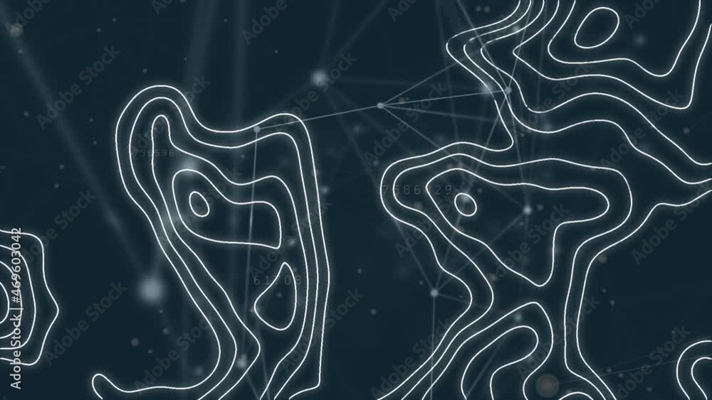 Poster animation of white map lines moving over networks of connections with glowing spots