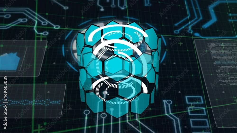 Poster animation of scopes scanning over computer circuit board and grid