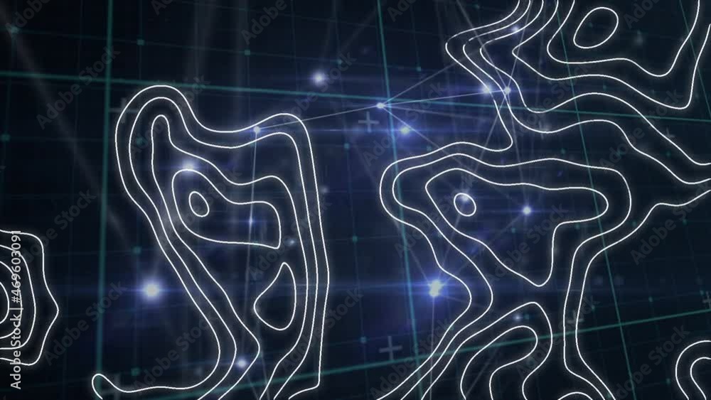 Poster Animation of white map lines over networks of connections with glowing spots