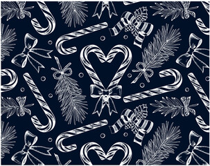 Doodle drawing Christmas winter pattern with white fir, candy cane, pine, ribbon, bow isolated on dark blue background. Sketch hand drawn Christmas ornament, New Year wallpaper. Vector illustration.  - 469603297