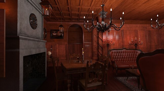 Gothic living room style interior 3d illustration