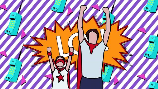 Animation of illustration lol text and father and son in superhero costumes over retro phones