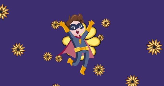 Animation of illustration of happy boy in superhero costume over yellow flowers on purple background