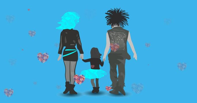 Animation of illustration of punk parents holding hands with daughter, with floral hearts on blue