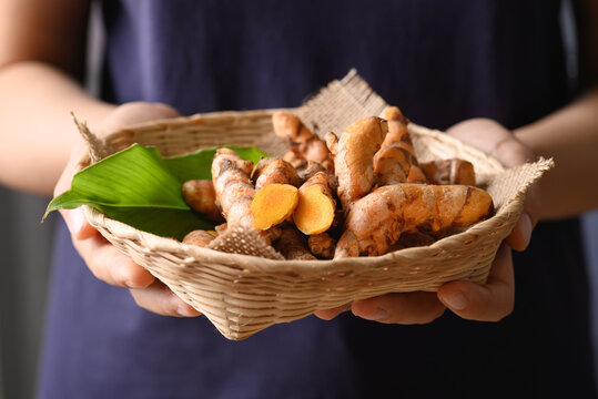 Fresh turmeric in a basket holding by hand, Food ingredients in Asian food and used in beauty spa and herbal medicine
