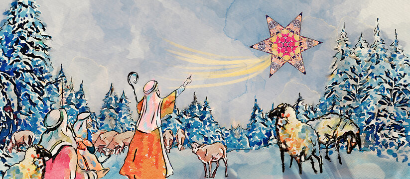 Nativity scene, shepherds. Watercolor background, greeting card