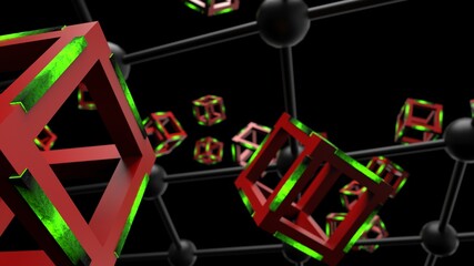 Green illuminated Hot Iron Red Cube with Atom Plane Structure under Black Background. Block-chain network technology concept illustration. 3D illustration. 3D CG. 3D high quality rendering. 