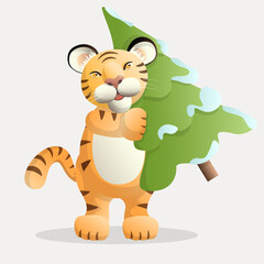 A joyful tiger character walks with a Christmas tree in its paws.