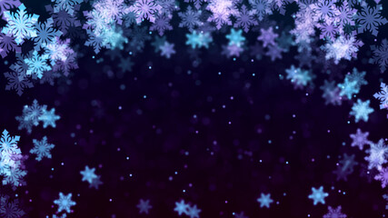 Abstract Holiday Light Blue Purple Blurry Focus Decorative Snowflakes Shapes Border Frame With Glitter Sparkle Dust Background