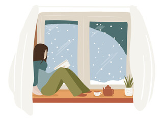 Woman reading book sitting on the window still, snowfall. Cozy home interior. Winter season concept flat vector illustration.  - 469606209
