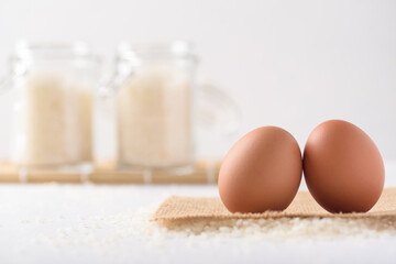 Organic farm-fresh eggs and Japanese rice are local food cultures in Asia, used as a simple staple...