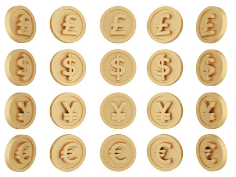 3D Rendering set of spinning gold coins in many views rotate in different angles with currency pound, dollar, yuan, and euro isolated on white background. 3D Render. 3d illustration.