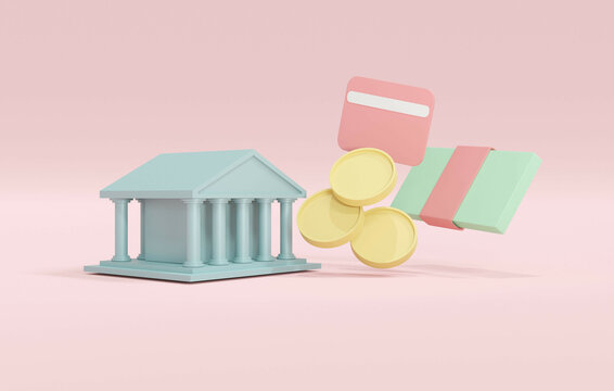 3D Rendering concept of online banking bank icon coins card money bills. 3D Render illustration.