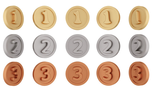 3D Rendering set of spinning gold silver bronze medals rotate in different angles isolated on white background. 3D Render. 3d illustration. 