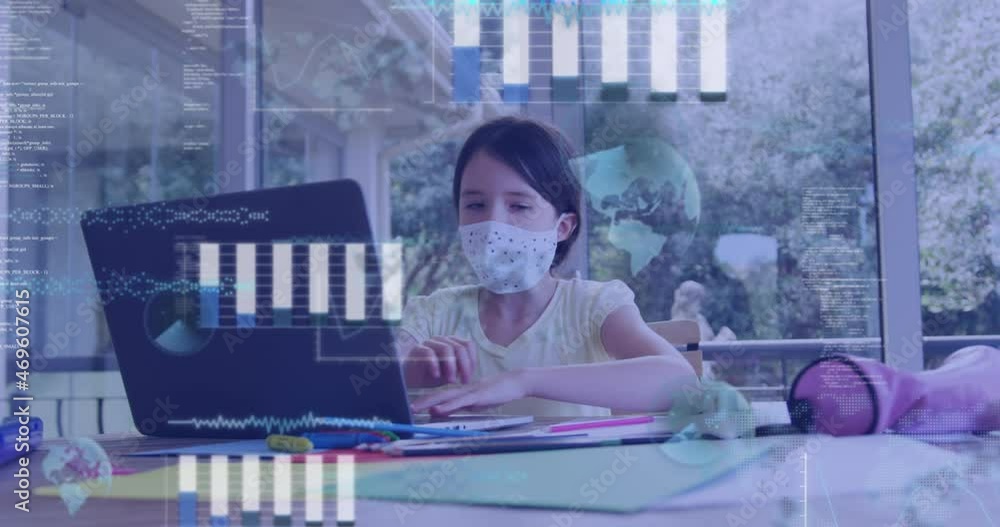 Poster animation of data processing over caucasian girl with face mask using laptop