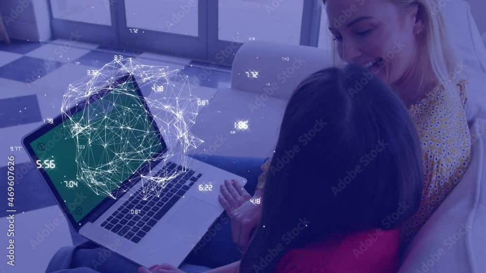 Poster animation of data processing over smiling caucasian mother and daughter using laptop