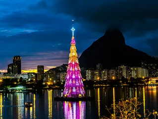 Foto op Plexiglas Mooie kerstboom. Kerstboom in de grote stad. © Ranimiro