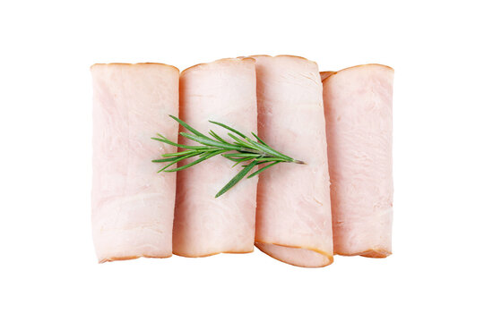 sliced cold smoked turkey breast isolated on white background