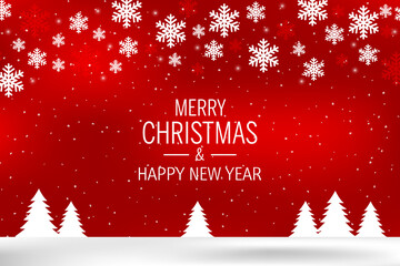 Red christmas background with snowflakes Merry Christmas and Happy New Year banner. Xmas greeting card.