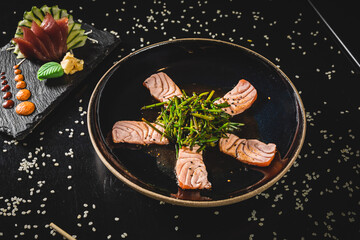 Perfect Sushi Japanese Asian Seafood Food Dish Menu Gourmet Restaurant Chef on Dark Background
