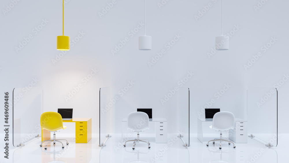 Poster yellow office desk which is different from other tables. glass partition between each desk and lapto