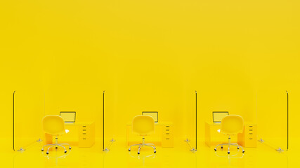 yellow office desk. Glass partition between each desk and laptop on table. Minimal idea concept, 3D Render.
