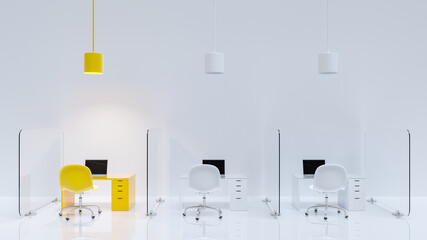 Yellow office desk which is different from other tables. Glass partition between each desk and laptop on table. Different and minimal idea concept, 3D Render.