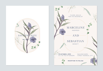 Fototapeta na wymiar Floral wedding invitation card template design, Ruellia tuberosa flowers and leaves on brown