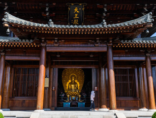 Hall of Four Heavenly Kings in historic Baoshan or Treasure Mountain Serene Temple, a Buddhist temple on banks of Lianqi River at  Luodian Town, Baoshan District, Shanghai, China.