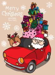 Happy christmas santa and deer in car and gift box hand drawing
