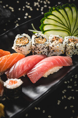 Perfect Sushi Japanese Asian Seafood Food Dish Menu Gourmet Restaurant Chef on Dark Background
