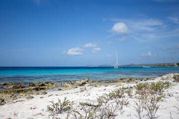 Deserted coral beach with turquoise colour sea. Beautiful seascape.