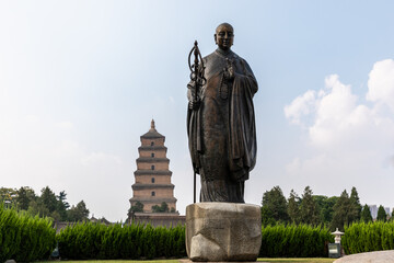 Statue of famous Monk Xuanzang of Tang Dynasty in the park in front of Histrotic Giant Wild Goose...