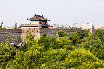 Historical city wall and tower near Yongning Gate (South Gate) in Xi'an, Shaanxi, China, constructed during the early years of the Sui Dynasty and the landmark of the city.